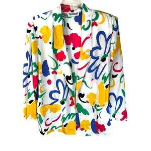 Vintage 90s Personal Blazer Size 12 Artsy Abstract Print Lightweight Silky Boxy